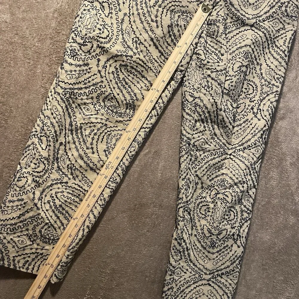 Talbots Pants Womens 10 Linen Tan Black Embroidered Design Cropped Ankle High - Picture 7 of 8